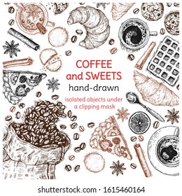 Illustration with coffee and sweets top view. A bag of scattered coffee beans. Hand-drawn sketches. Engraving style. Vector collection with cinnamon and anise stars.  Isolated objects for design