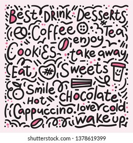Illustration of coffee symbols and desserts. Hand drawn lettering.