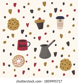 Illustration of coffee symbols and various desserts. Background for a cafe or restaurant. Hand-drawn in the flat style. Hot drinks menu. Vector illustration