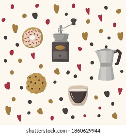 Illustration of coffee symbols and various desserts. Background for a cafe or restaurant. Hand drawn in a flat style cups and vessels: Cappuccino, Morning, Latte, Espresso, Black, Americano, Mocha