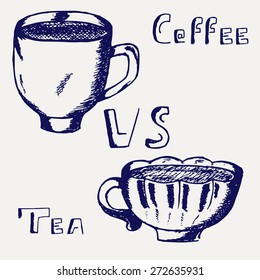 Illustration of coffee and tea cups. Isolated mug and ceramics cup. Two cups and text coffee VS tea. Sketch tea and coffee cups. Hand drawn doodle vector EPS10. Sketch crockery for label and menu