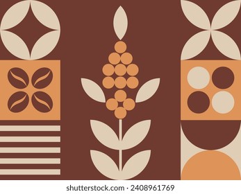 Illustration with coffee theme. Minimalistic print with coffee branch. Abstract geometric pattern for café, coffee shop, menu concept, cover design, background, mural, web site.