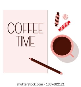 para el tiempo de café. burlarse de una taza de café y dulces. Ilustración del vector
