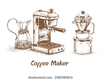 an illustration of coffee-making equipment, including an espresso machine, a pour-over setup, and a coffee pot