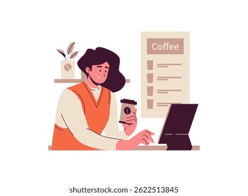 Illustration of an Coffeeshop Work From Cafe Cartoon Character