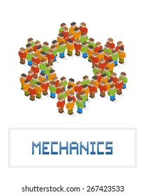 Illustration of cogwheel made up of isometric pixel art style people