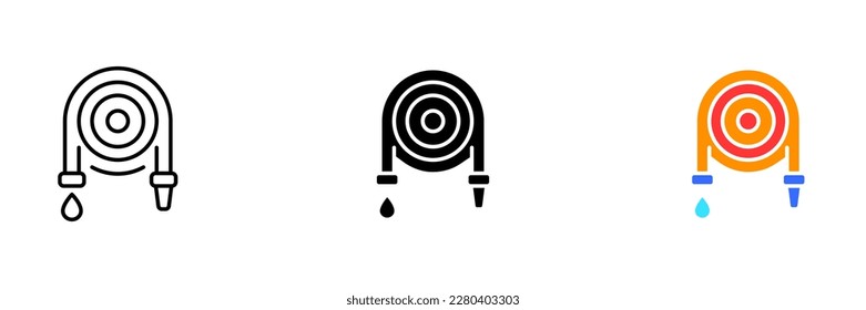 An illustration of a coiled fire hose, a vital tool used by firefighters to deliver water to extinguish fires. Vector set of icons in line, black and colorful styles isolated.