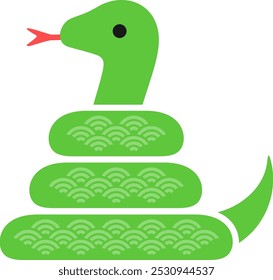 Ilustración de una serpiente verde enrollada con escamas onduladas en estilo japonés