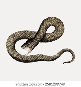 Illustration of a coiled snake with detailed scales and open mouth. The snake is depicted in a vintage style, showcasing its intricate texture and form. Vintage reptile illustration isolated, vector.