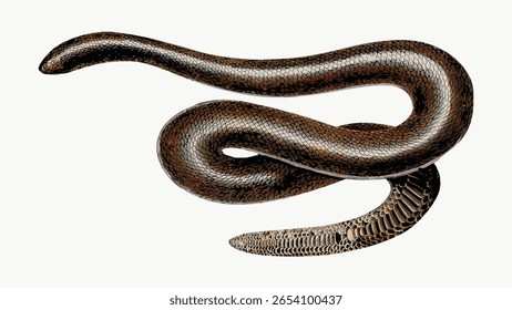 Ilustração de uma cobra enrolada com escalas detalhadas. A textura e a forma enrolada da cobra são proeminentes. Cobra enrolada com escalas intrincadas, enfatizando sua textura. Ilustração de animal antigo.