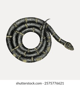 Illustration of a coiled snake with intricate patterns. The snake is coiled in a circular shape, showcasing detailed scales and a textured body. Vintage illustration isolated on white, vector.