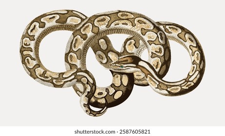 Illustration of a coiled snake with intricate patterns. The snake's detailed scales and coiled form create a striking visual. Coiled snake illustration. Vintage art illustration, vector.