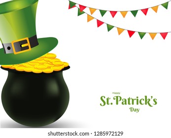 Illustration of coin pot with leprechaun hat on white background for Happy St. Patrick's Day celebration concept.