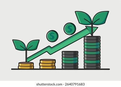 Illustration of coin stacks with dollar signs and green plants growing from them, connected by a rising green arrow indicating growth.
