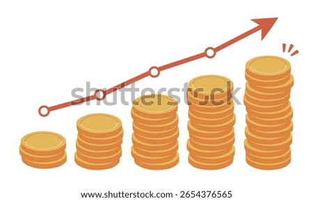Illustration of a coin tower turned into stairs and a red arrow graph