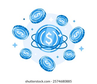 Illustration of coins and global internet connections in flat style.