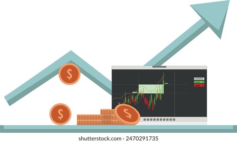 Illustration of coins and laptops showing company shares