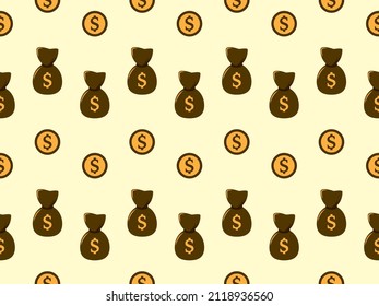 illustration of coins, sacks, yellow background.