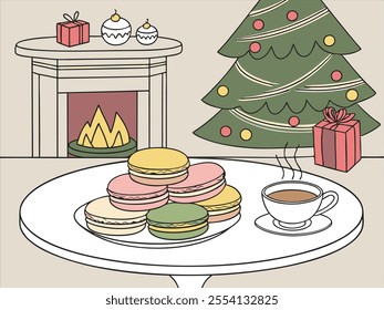 Illustration of col macarons arranged on an elegant marble table beside a steaming cup of tea. In the background, a beautifully decorated Christmas tree glows with ornaments and fairy lights. 