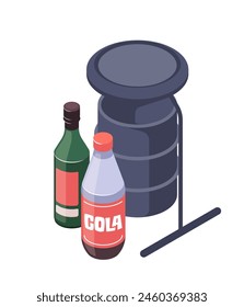 Illustration of a cola bottle, glass bottle, and a waste garbage can. Isometric vector illustration isolated on white background