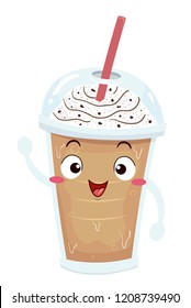 Illustration of a Cold Coffee Drink with Whipped Cream on Plastic Take Out Container with Straw Mascot