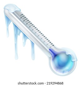 An illustration of a cold frozen thermometer in low temperature with ice, snow and stalactites