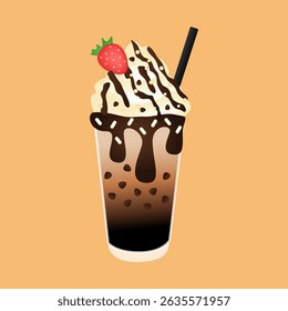 Illustration of a cold latte on a light brown background.