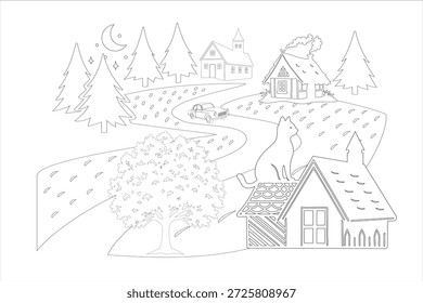 Ilustración de un paisaje frío de invierno con una escena de pueblo nevado con una acogedora casa de campo, pinos y contorno descendente