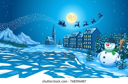 Illustration of cold cold Winter scene of a snowman with carrot nose, scarf and hat 
and with Santa Klaus overhead on his sledge 
pulled by four reindeer  across  a starlit sky