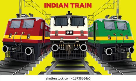 Illustration of collage of front engine view of Indian train running on track