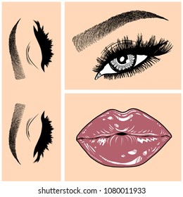 Illustration with collage of woman's eye, eyebrows, eyelashes, sexy lips and luxury lipstick . Makeup Look. Tattoo design. Logo for brow bar, lash or beauty salon.