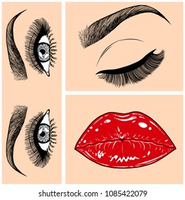 Illustration with collage of woman's eye, eyebrows, eyelashes, sexy lips and luxury lipstick . Makeup Look. Tattoo design. Logo for brow bar, lash or beauty salon.