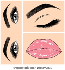 Illustration with collage of woman's eye, eyebrows, eyelashes, sexy lips and luxury lipstick . Makeup Look. Tattoo design. Logo for brow bar, lash or beauty salon.
