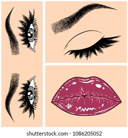 Illustration with collage of woman's eye, eyebrows, eyelashes, sexy lips and luxury lipstick . Makeup Look. Tattoo design. Logo for brow bar, lash or beauty salon.