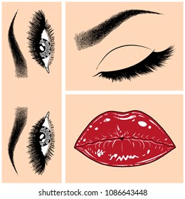 Illustration with collage of woman's eye, eyebrows, eyelashes, sexy lips and luxury lipstick . Makeup Look. Tattoo design. Logo for brow bar, lash or beauty salon.