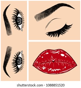 Illustration with collage of woman's eye, eyebrows, eyelashes, sexy lips and luxury lipstick . Makeup Look. Tattoo design. Logo for brow bar, lash or beauty salon.