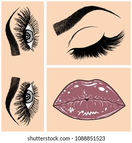 Illustration with collage of woman's eye, eyebrows, eyelashes, sexy lips and luxury lipstick . Makeup Look. Tattoo design. Logo for brow bar, lash or beauty salon.