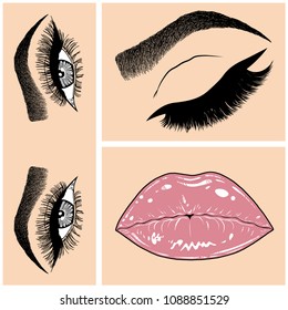 Illustration with collage of woman's eye, eyebrows, eyelashes, sexy lips and luxury lipstick . Makeup Look. Tattoo design. Logo for brow bar, lash or beauty salon.