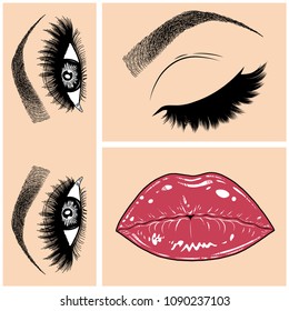 Illustration with collage of woman's eye, eyebrows, eyelashes, sexy lips and luxury lipstick . Makeup Look. Tattoo design. Logo for brow bar, lash or beauty salon.