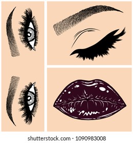Illustration with collage of woman's eye, eyebrows, eyelashes, sexy lips and luxury lipstick . Makeup Look. Tattoo design. Logo for brow bar, lash or beauty salon.