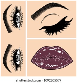 Illustration with collage of woman's eye, eyebrows, eyelashes, sexy lips and luxury lipstick . Makeup Look. Tattoo design. Logo for brow bar, lash or beauty salon.