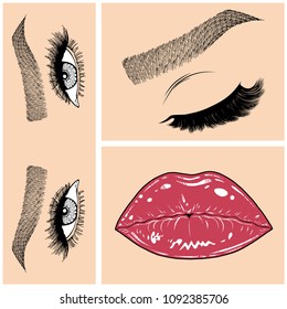 Illustration with collage of woman's eye, eyebrows, eyelashes, sexy lips and luxury lipstick . Makeup Look. Tattoo design. Logo for brow bar, lash or beauty salon.