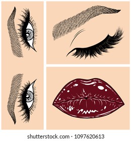 Illustration with collage of woman's eye, eyebrows, eyelashes, sexy lips and luxury lipstick . Makeup Look. Tattoo design. Logo for brow bar, lash or beauty salon.