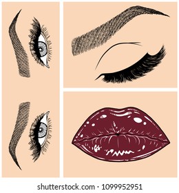 Illustration with collage of woman's eye, eyebrows, eyelashes, sexy lips and luxury lipstick . Makeup Look. Tattoo design. Logo for brow bar, lash or beauty salon.