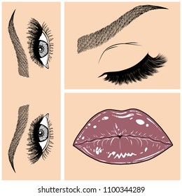 Illustration with collage of woman's eye, eyebrows, eyelashes, sexy lips and luxury lipstick . Makeup Look. Tattoo design. Logo for brow bar, lash or beauty salon.