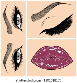 Illustration with collage of woman's eye, eyebrows, eyelashes, sexy lips and luxury lipstick . Makeup Look. Tattoo design. Logo for brow bar, lash or beauty salon.