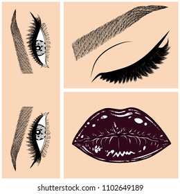 Illustration with collage of woman's eye, eyebrows, eyelashes, sexy lips and luxury lipstick . Makeup Look. Tattoo design. Logo for brow bar, lash or beauty salon.