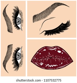 Illustration with collage of woman's eye, eyebrows, eyelashes, sexy lips and luxury lipstick . Makeup Look. Tattoo design. Logo for brow bar, lash or beauty salon.