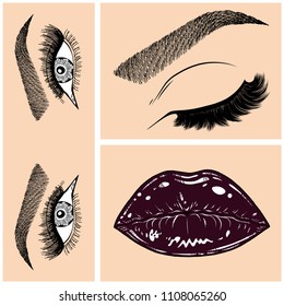 Illustration with collage of woman's eye, eyebrows, eyelashes, sexy lips and luxury lipstick . Makeup Look. Tattoo design. Logo for brow bar, lash or beauty salon.
