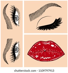 Illustration with collage of woman's eye, eyebrows, eyelashes, sexy lips and luxury lipstick . Makeup Look. Tattoo design. Logo for brow bar, lash or beauty salon.